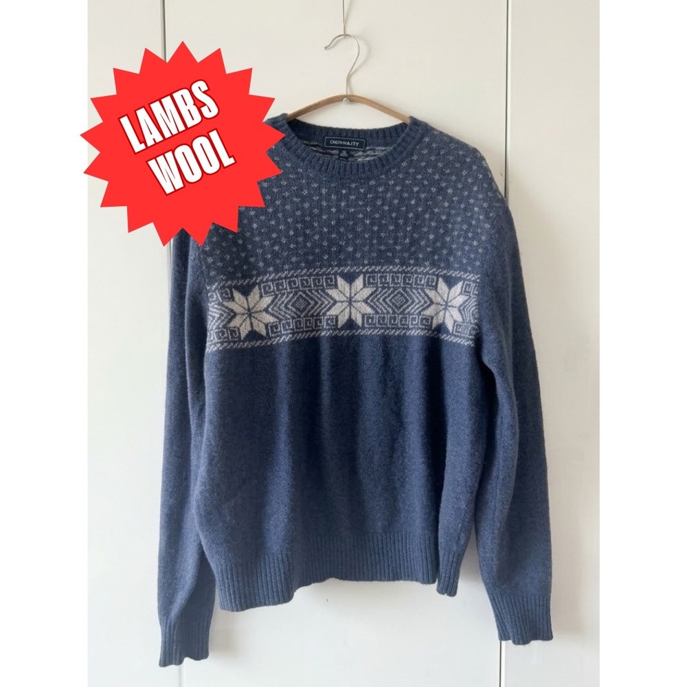 Crown & Ivy Lambswool Blend Fair Isle Snowflake Sweater Navy Blue Women's XL